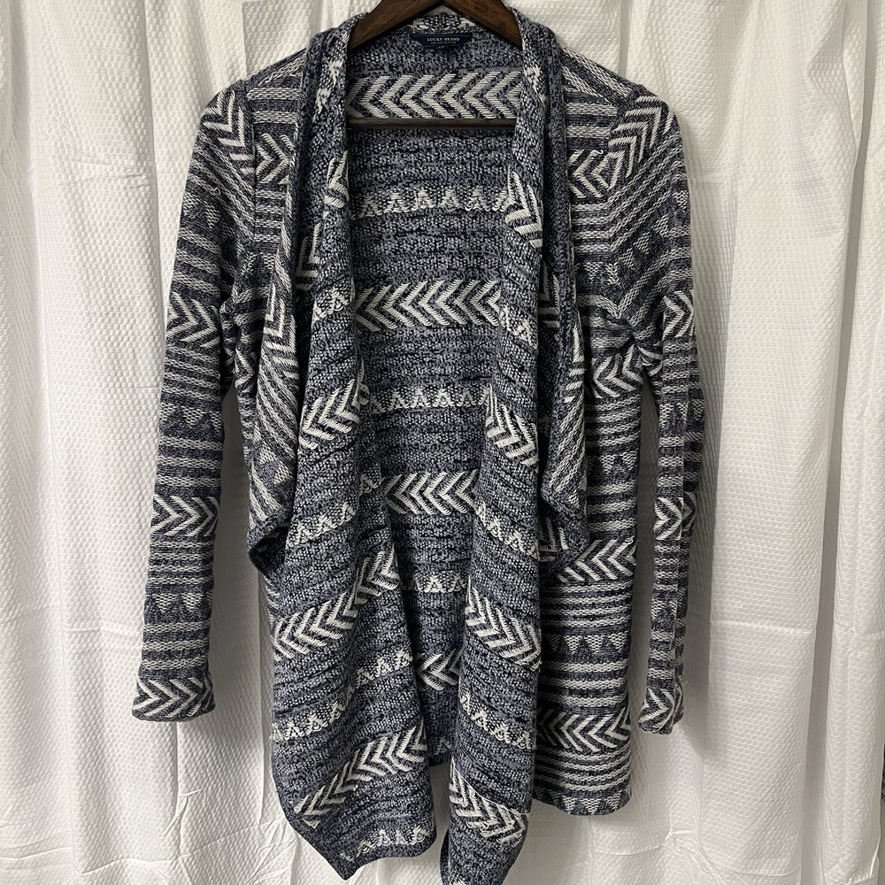 Lucky Brand Women's Small Boho Open Aztec Cardigan Blue White Fringe Cottagecore